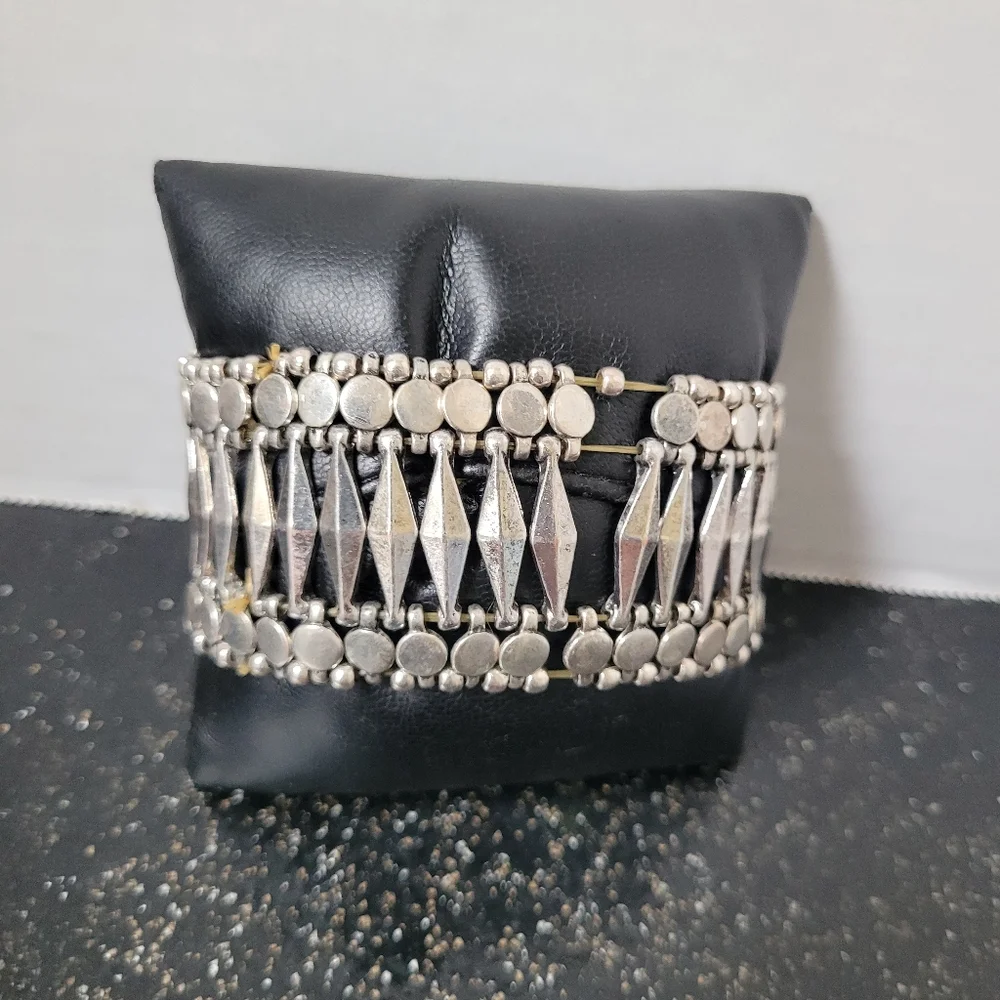 Silver Beaded Stretch Cuff Bracelet